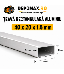 Teava rectangulara aluminiu 40 x 20 x 1.5 mm, 6 metri (EN AW-6060)